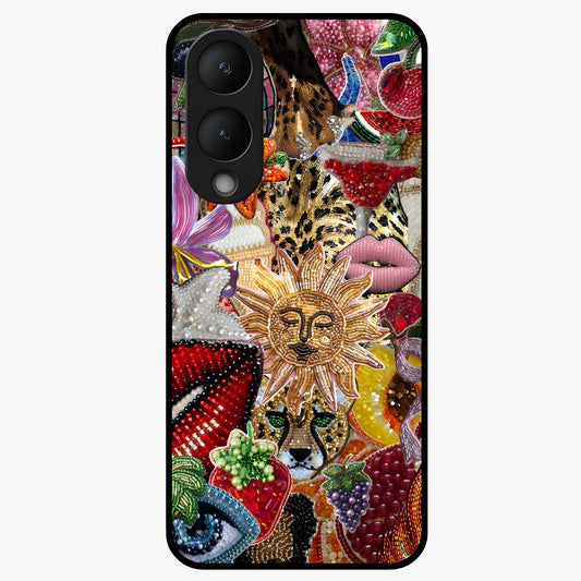 Beaded Fashion Jungle Glass Case showing flat back view with vibrant jungle inspired bead artwork and glossy glass finish.