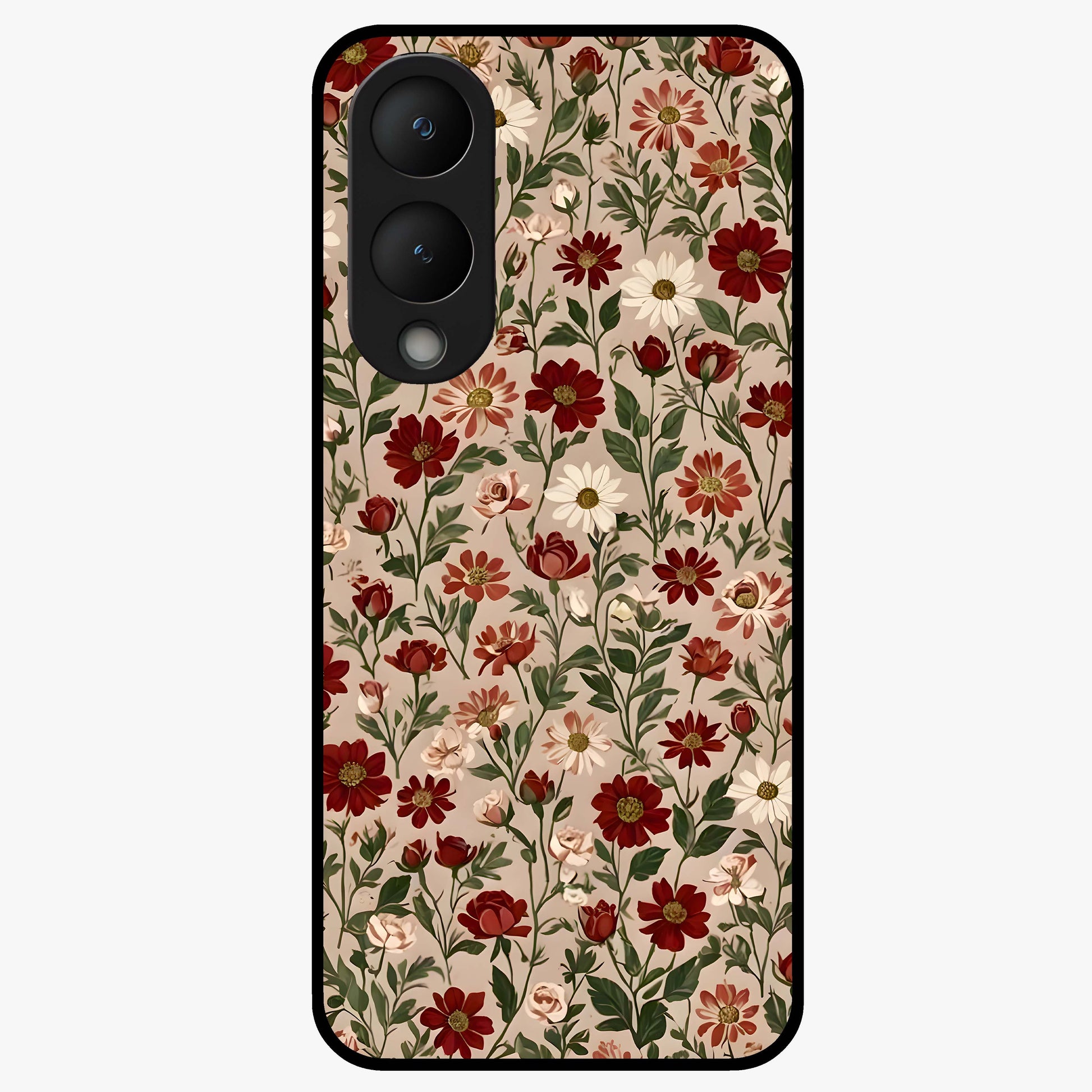 Biege Flower With Leaf Glass Case showing flat back view with soft beige floral artwork and glossy glass finish.