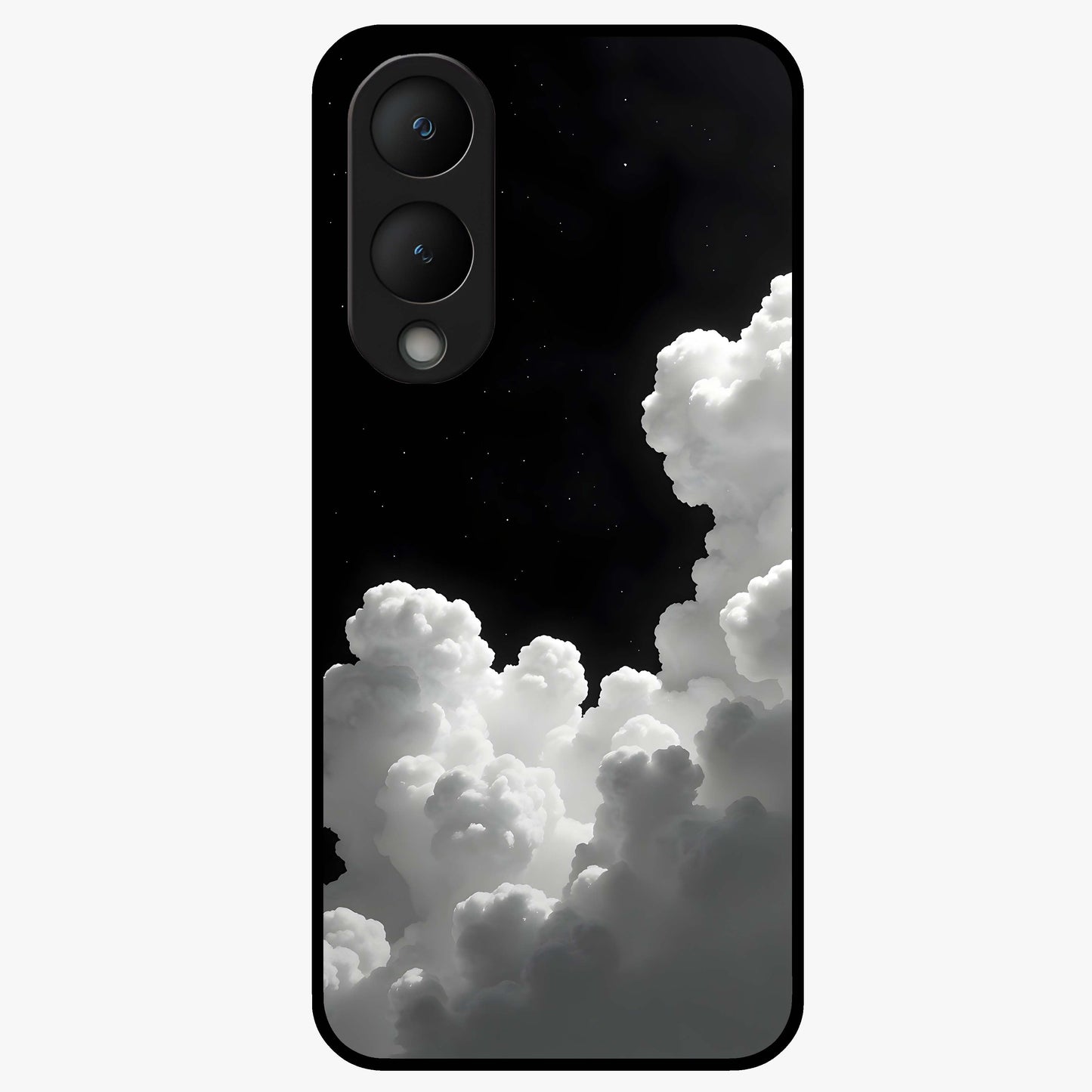 Black Background With White Cloud Glass Case showing flat back view with minimal cloud artwork on dark background and glossy glass finish.