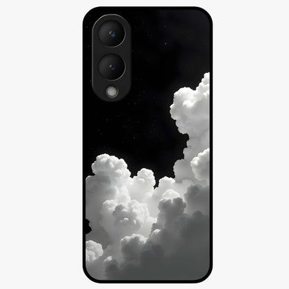 Black Background With White Cloud Glass Case showing flat back view with minimal cloud artwork on dark background and glossy glass finish.