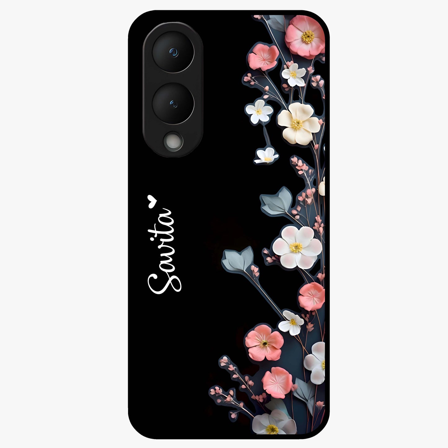 Black Elegance Floral Custom Name Glass Case showing flat back view with elegant floral artwork and personalized name design.
