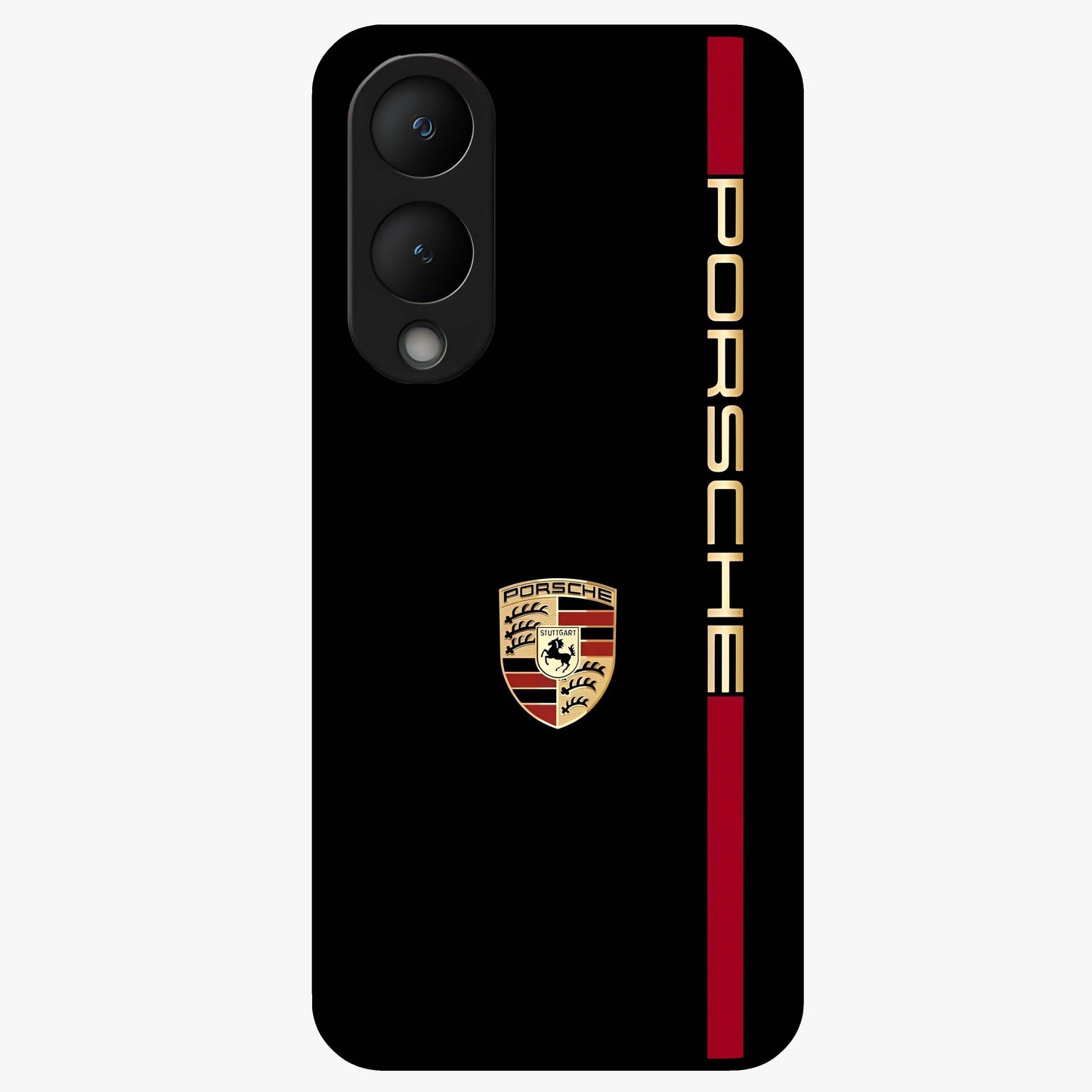 Black Minimal Porsche Glass Case showing flat back view with sleek minimal sports car artwork and glossy glass finish.