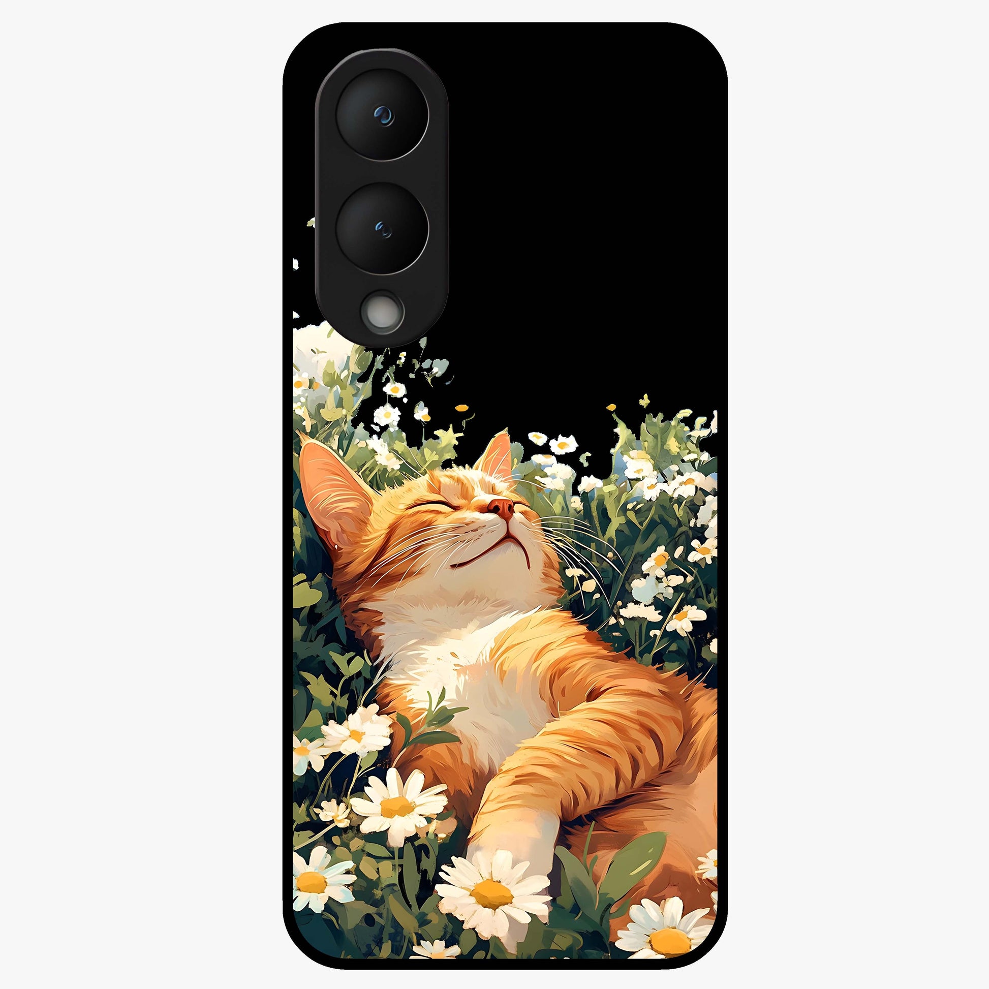 Blissful Bloom Cat Glass Case showing flat back view with cute cat and floral bloom artwork and glossy glass finish.