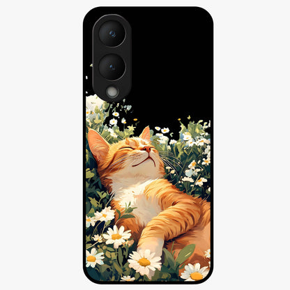 Blissful Bloom Cat Glass Case showing flat back view with cute cat and floral bloom artwork and glossy glass finish.