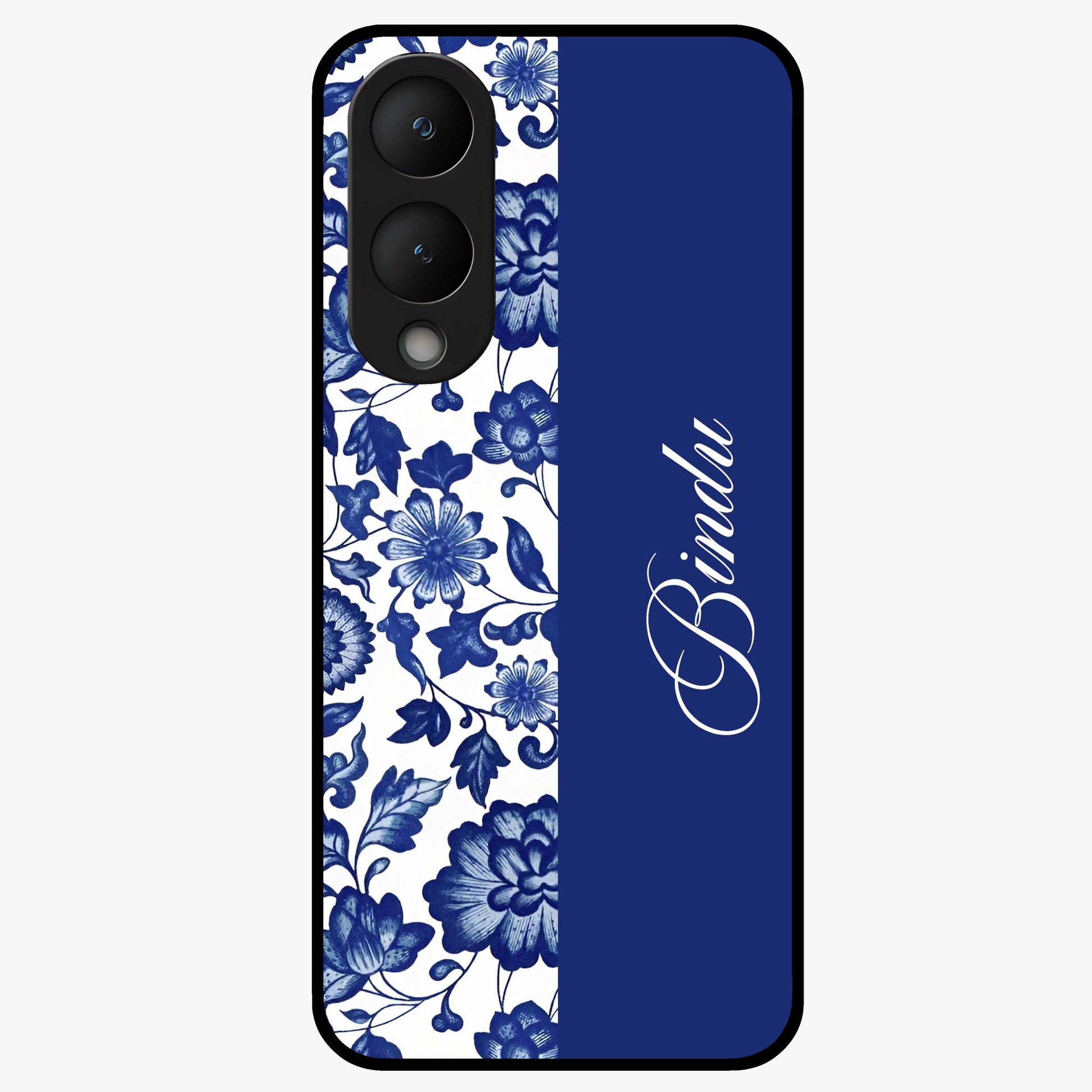 Blue Vintage Floral Pattern Glass Case upright view showcasing timeless floral illustration with vintage inspired style.
