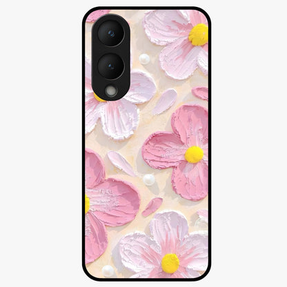 Blush Bloom Texture Glass Case showing flat back view with soft blush floral texture artwork and glossy glass finish.