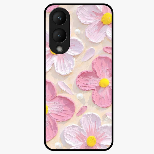 Blush Bloom Texture Glass Case showing flat back view with soft blush floral texture artwork and glossy glass finish.