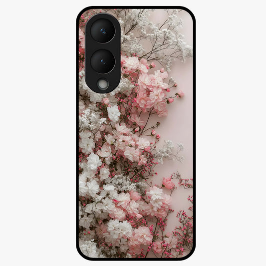 Blush Blossom Cloud Glass Case showing flat back view with dreamy blush cloud blossom artwork and glossy glass finish.