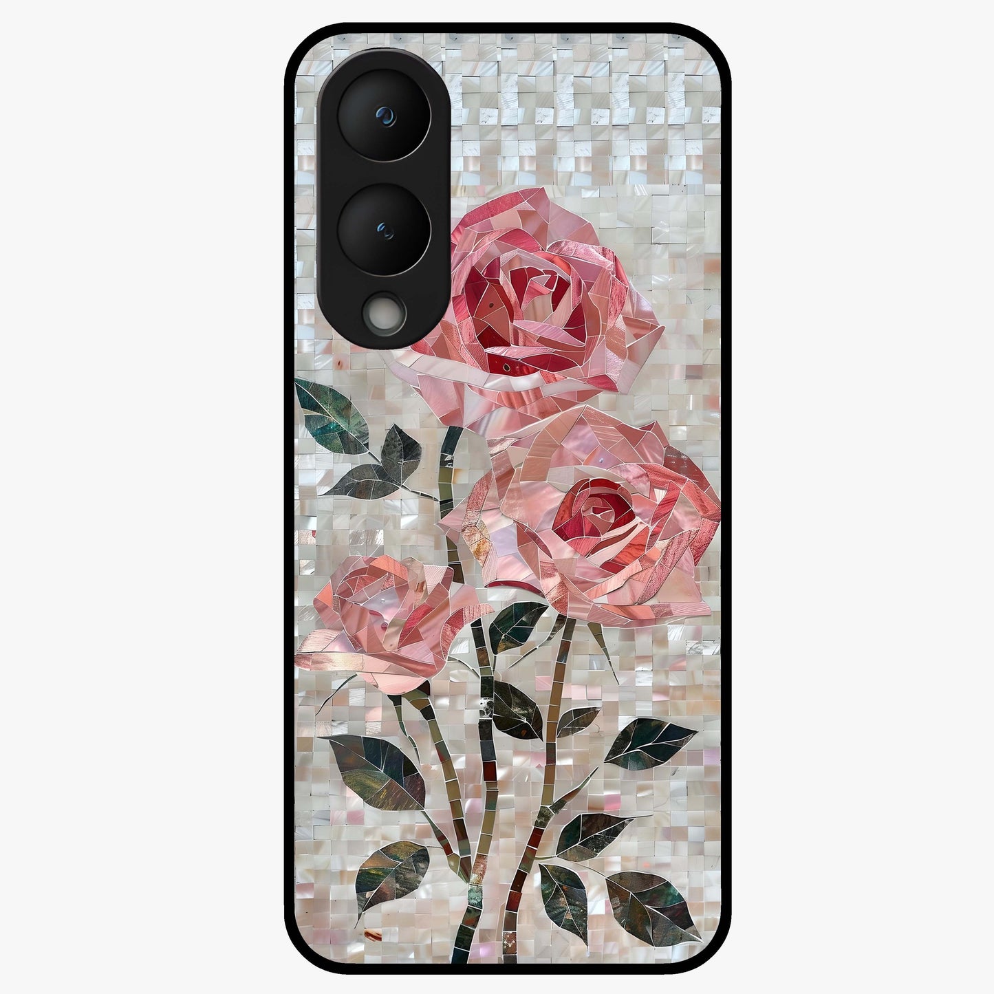 Blush Mosaic Bloom Glass Case showing flat back view with mosaic floral bloom artwork and glossy glass finish.