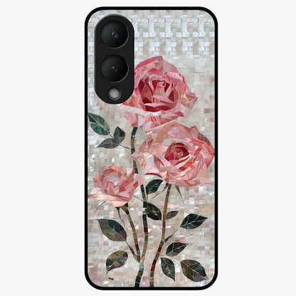 Blush Mosaic Bloom Glass Case showing flat back view with mosaic floral bloom artwork and glossy glass finish.