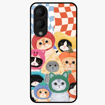 Cats in Fruits Glass Case showing flat back view with playful cat illustrations inside fruit artwork and glossy glass finish.