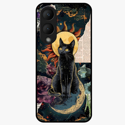 Celestial Black Cat Glass Case showing flat back view with mystical black cat artwork and glossy glass finish.