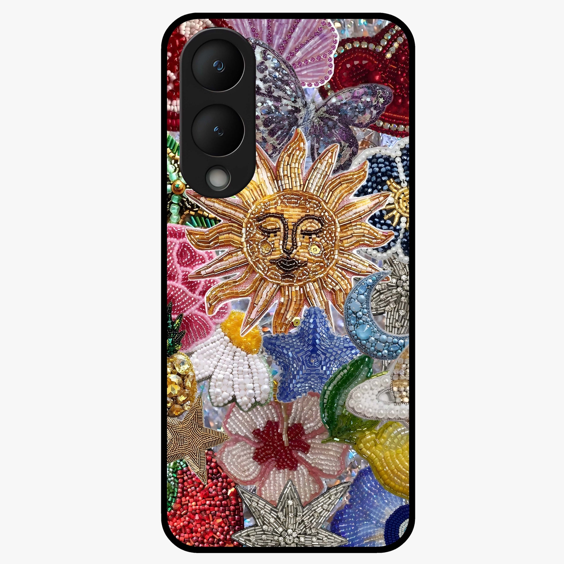 Celestial Floral and Playful Glass Case showing flat back view with floral and celestial themed artwork and glossy glass finish.