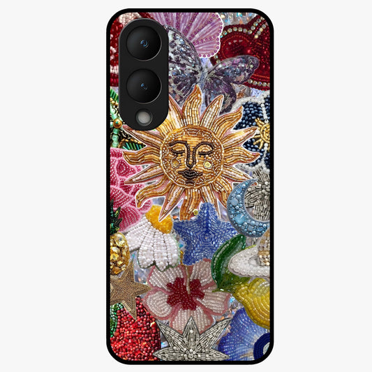 Celestial Floral and Playful Glass Case showing flat back view with floral and celestial themed artwork and glossy glass finish.