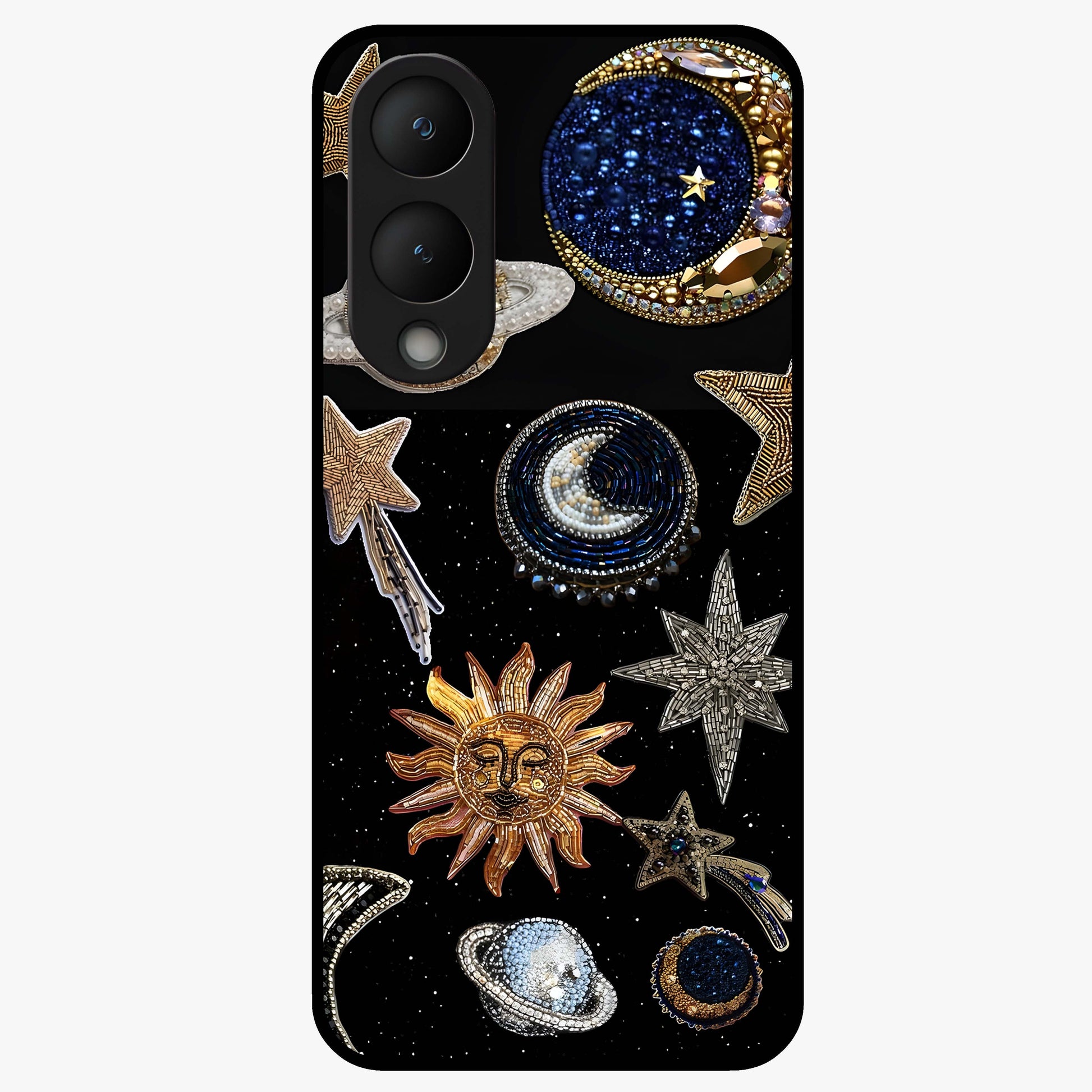 Celestial Gem Constellations Glass Case showing flat back view with sparkling constellation artwork and glossy glass finish.
