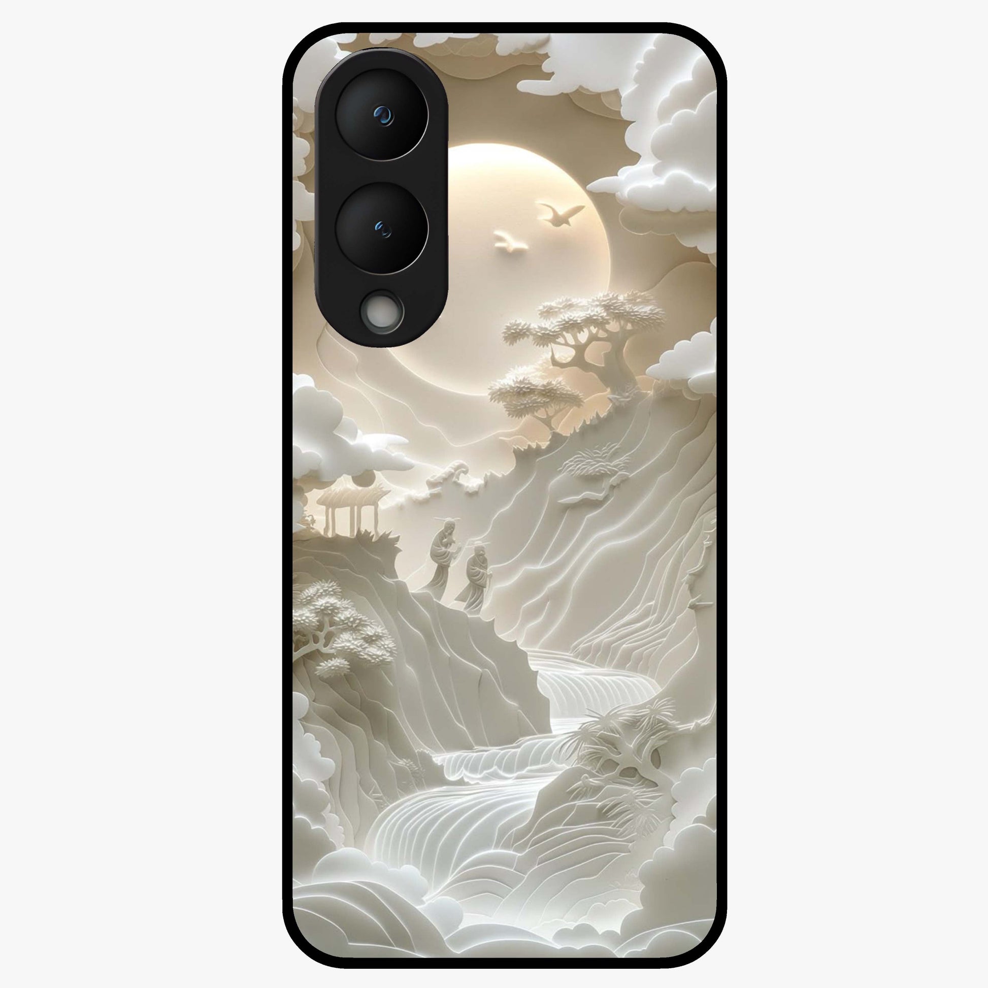 Celestial Origami Glass Case showing flat back view with artistic origami inspired celestial artwork and glossy glass finish.