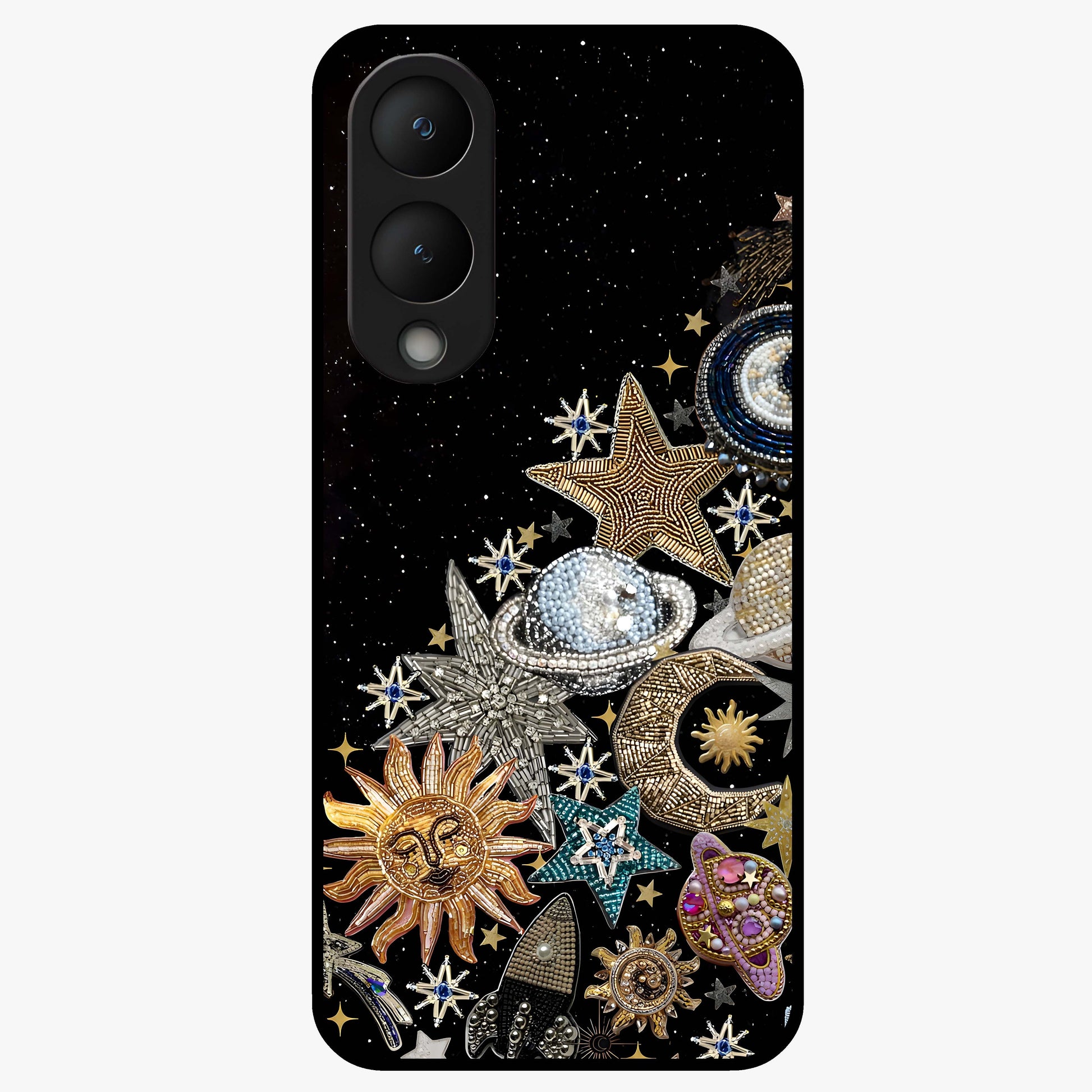 Cosmic Sparkle Dreams Glass Case showing flat back view with sparkling cosmic artwork and glossy glass finish.