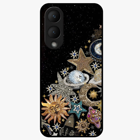 Cosmic Sparkle Dreams Glass Case showing flat back view with sparkling cosmic artwork and glossy glass finish.