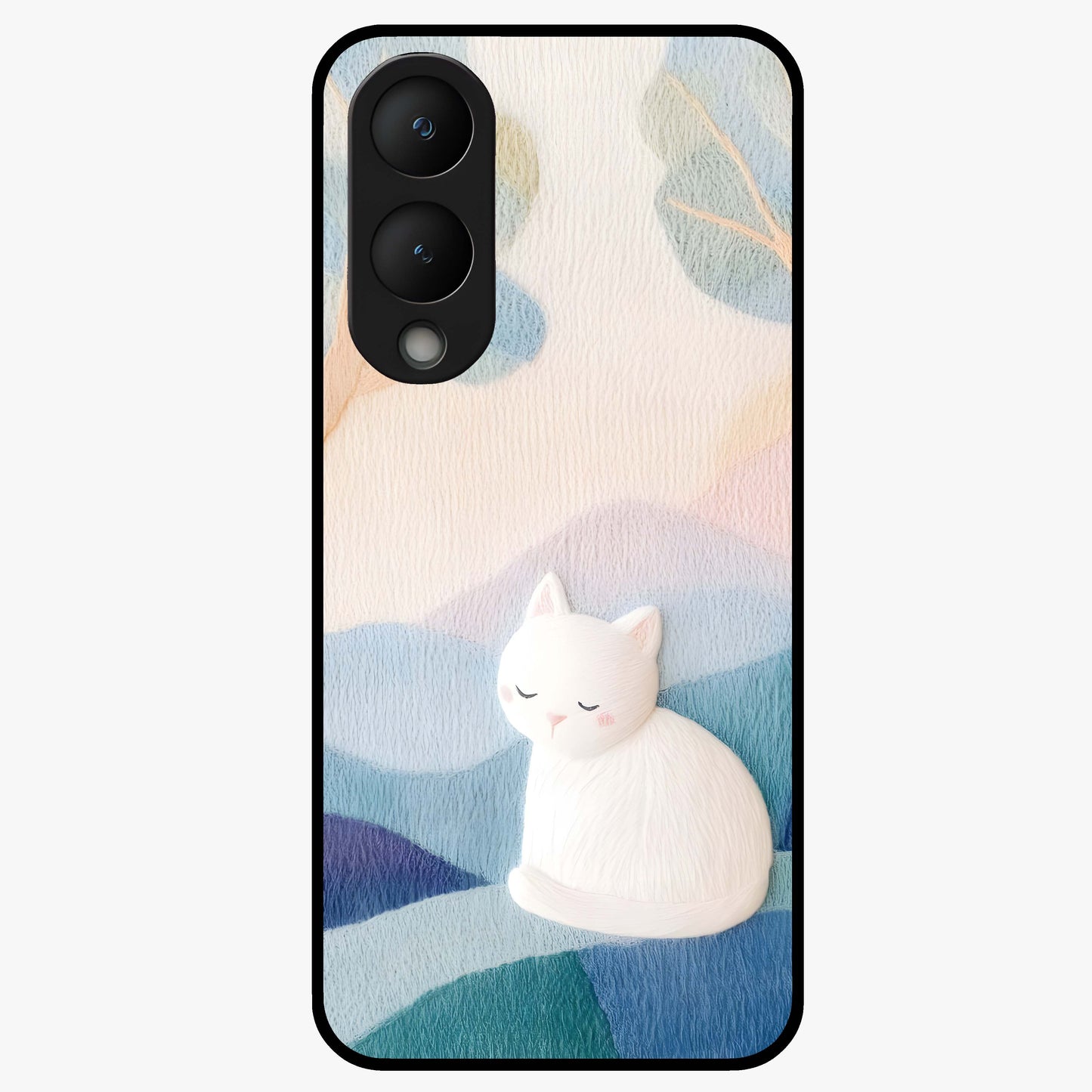 Cotton Dream Cat Glass Case showing flat back view with soft dreamy cat artwork and glossy glass finish.