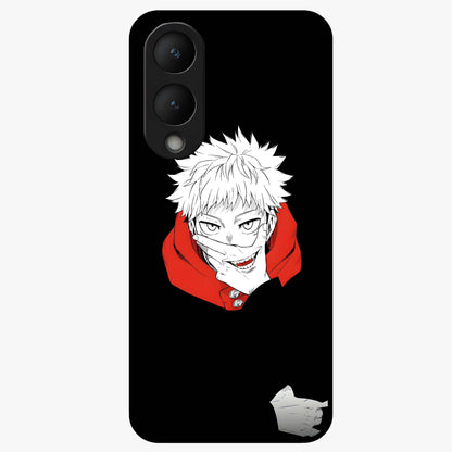 Crimson Chaos Smile Glass Case showing flat back view with bold chaotic smile artwork and glossy glass finish.