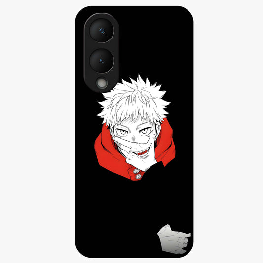 Crimson Chaos Smile Glass Case showing flat back view with bold chaotic smile artwork and glossy glass finish.
