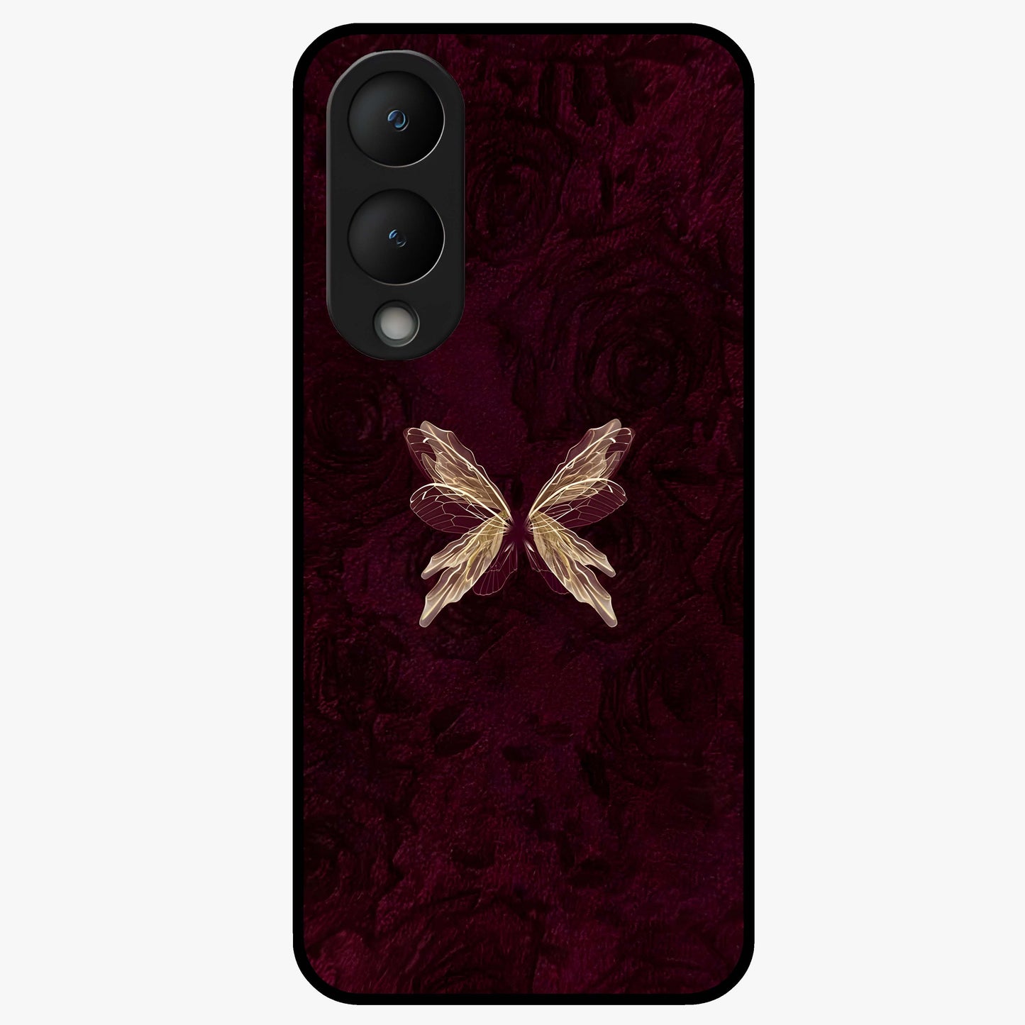 Crimson Fade Butterfly Glass Case showing flat back view with fading butterfly artwork and glossy glass finish.