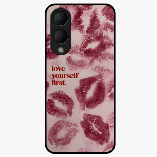 Crimson Kiss Love Glass Case showing flat back view with romantic crimson themed artwork and glossy glass finish.