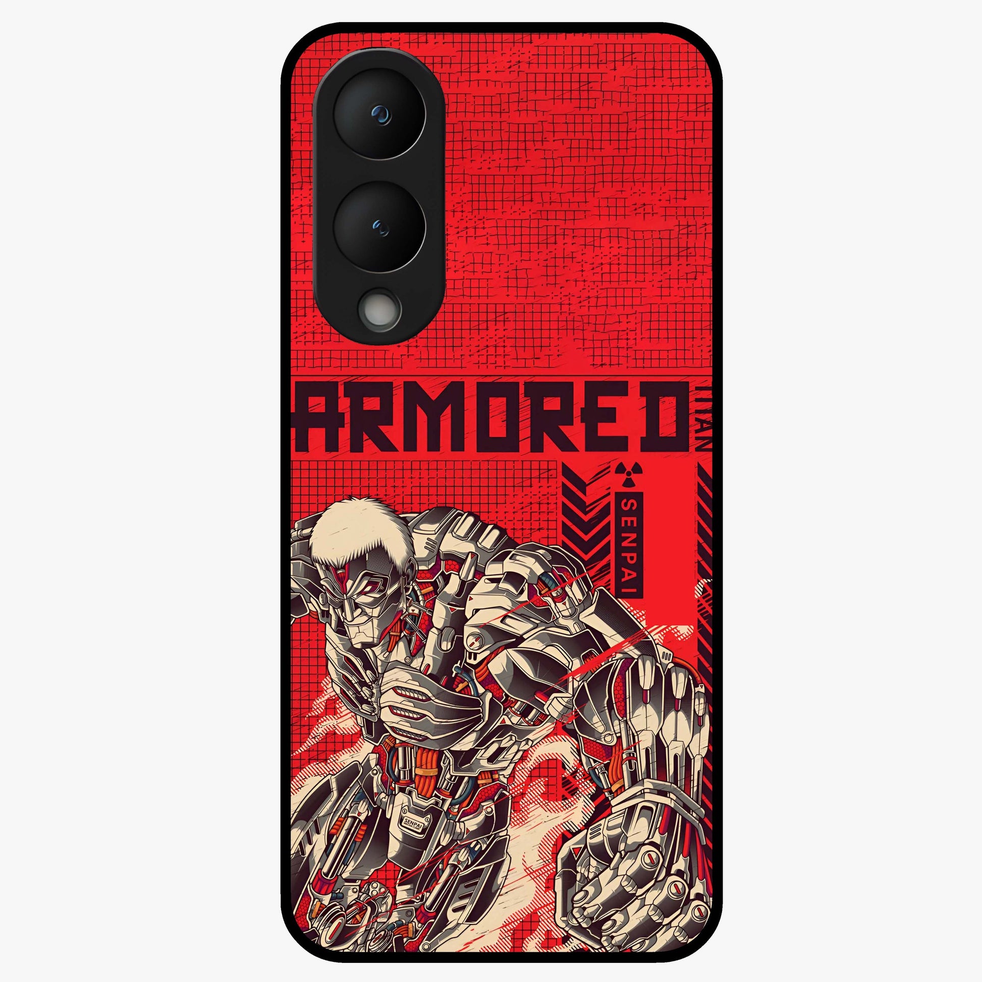 Crimson Mecha Titan Glass Case showing flat back view with powerful mech titan artwork and glossy glass finish.