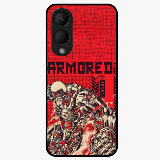 Crimson Mecha Titan Glass Case showing flat back view with powerful mech titan artwork and glossy glass finish.