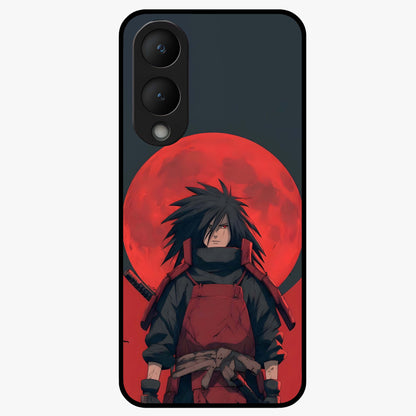 Crimson Moon Warlord Glass Case showing flat back view with mystical moon warrior artwork and glossy glass finish.