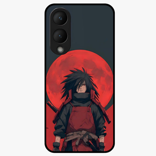 Crimson Moon Warlord Glass Case showing flat back view with mystical moon warrior artwork and glossy glass finish.