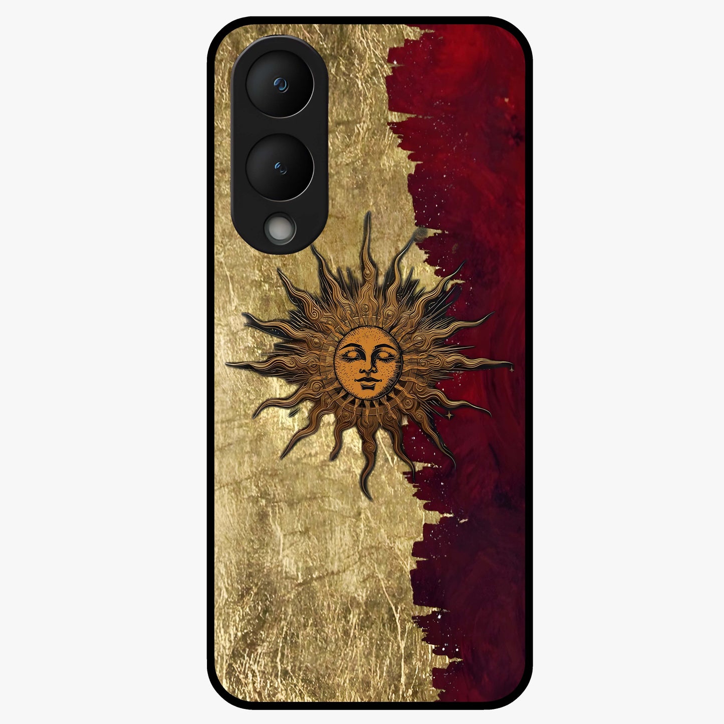 Crimson Sun Majesty Glass Case showing flat back view with radiant sun inspired artwork and glossy glass finish.