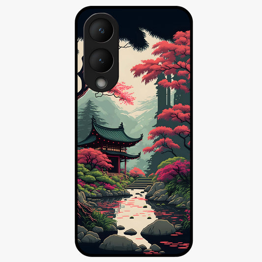 Crimson Temple View Glass Case showing flat back view with temple inspired artwork and glossy glass finish.