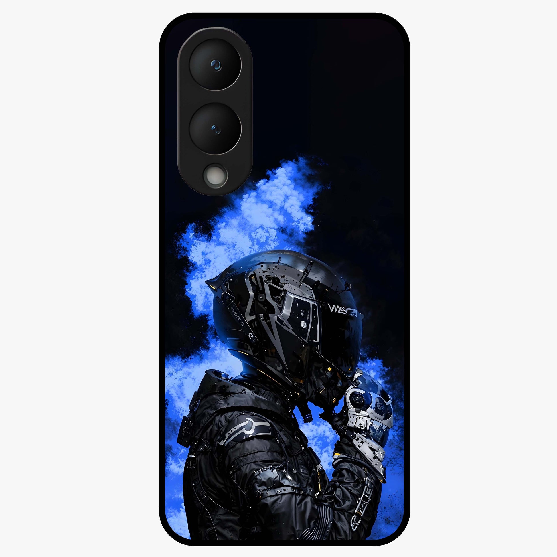 Cyber Sentinel Protocol Glass Case showing flat back view with futuristic cyber themed artwork and glossy glass finish.