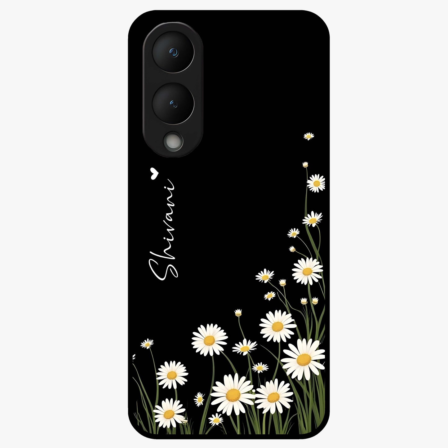 Daisy Cascade Custom Name Glass Case showing flat back view with cascading daisy flowers and personalized name design.