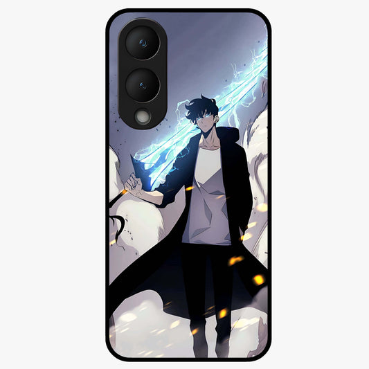 Dark Lightning Anime Warrior Glass Case showing flat back view with intense anime warrior artwork and glossy glass finish.