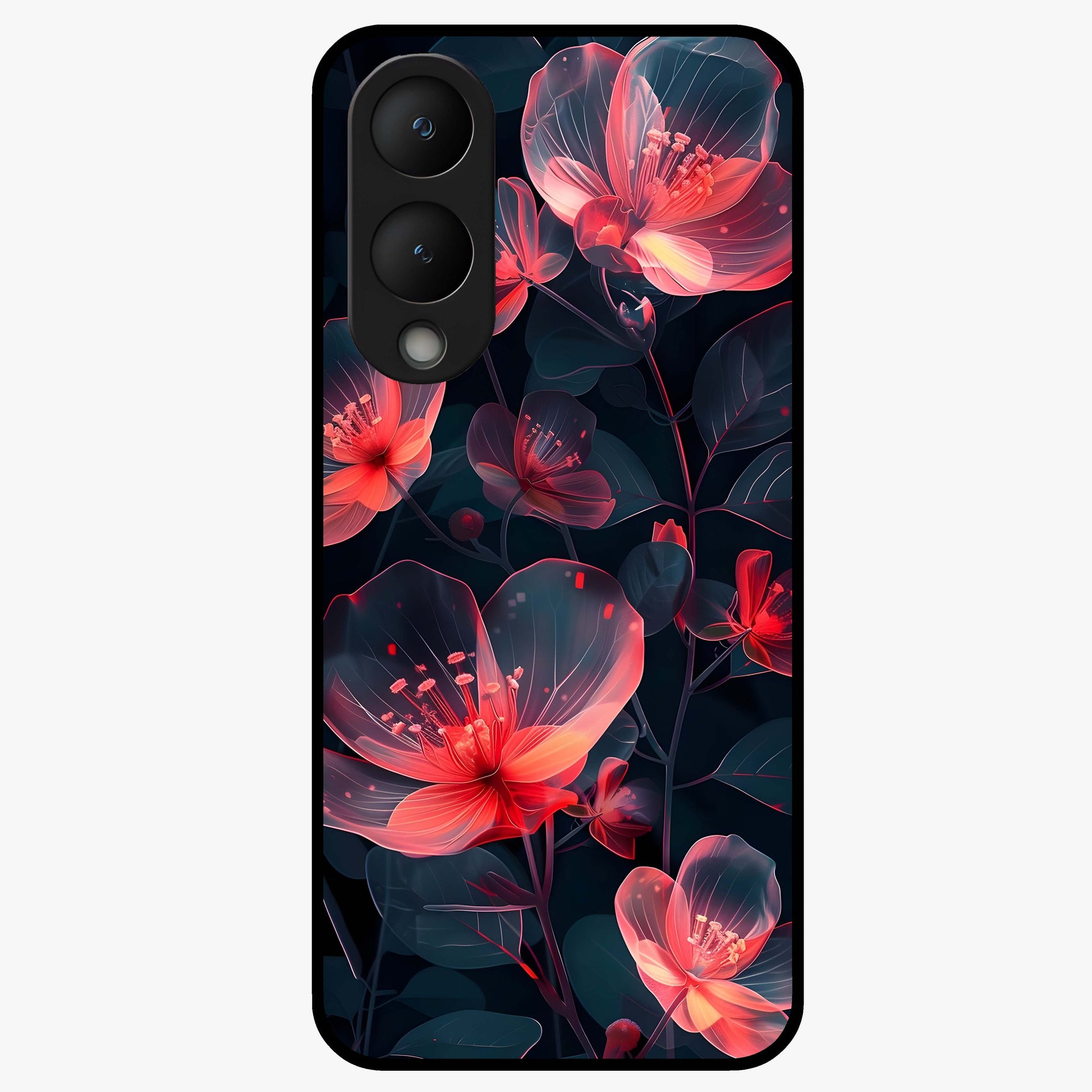 Dark Shade of Flower Glass Case showing flat back view with elegant dark floral artwork and glossy glass finish.