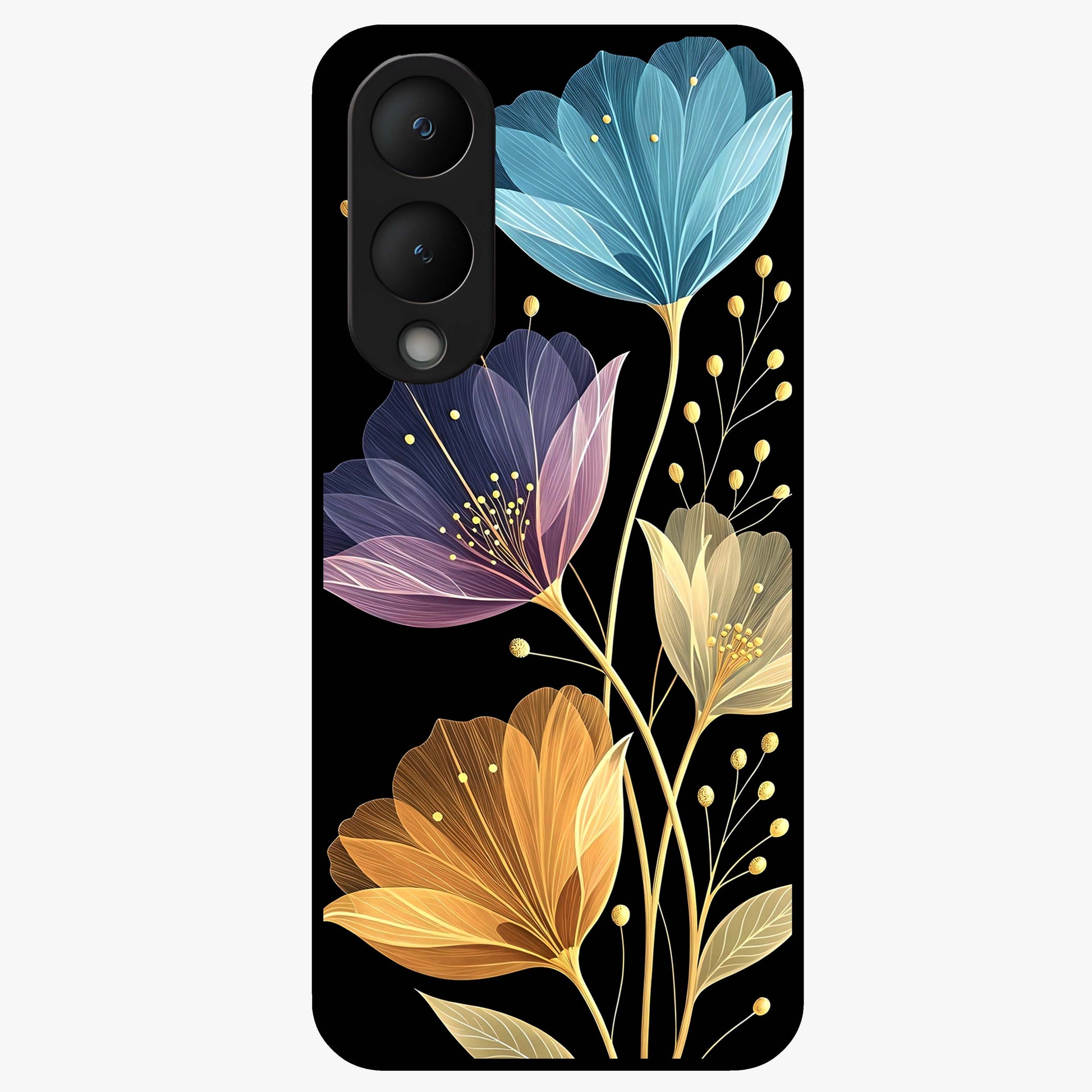 Delicate Multicolor Flowers Glass Case showing flat back view with vibrant floral artwork and glossy glass finish.