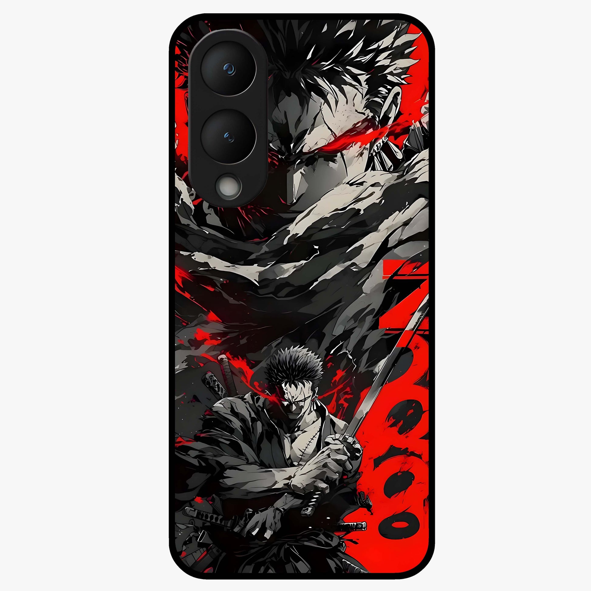 Demon Sword Resolve Glass Case showing flat back view with fierce sword warrior artwork and glossy glass finish.