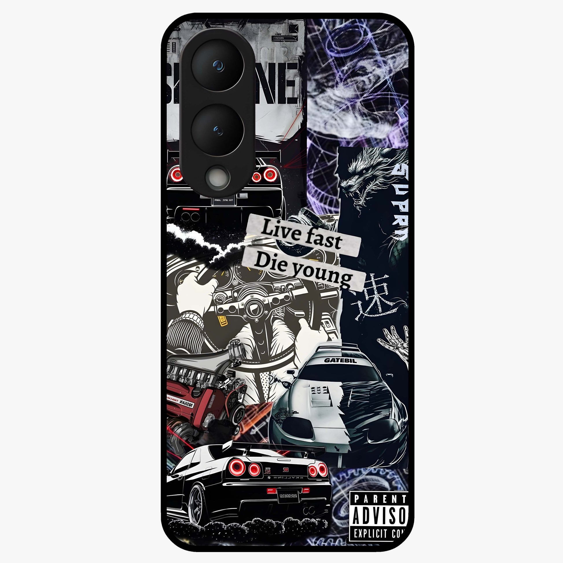 Die Young Glass Case showing flat back view with bold artistic typography design and glossy glass finish.