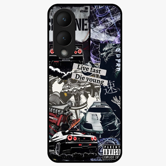 Die Young Glass Case showing flat back view with bold artistic typography design and glossy glass finish.