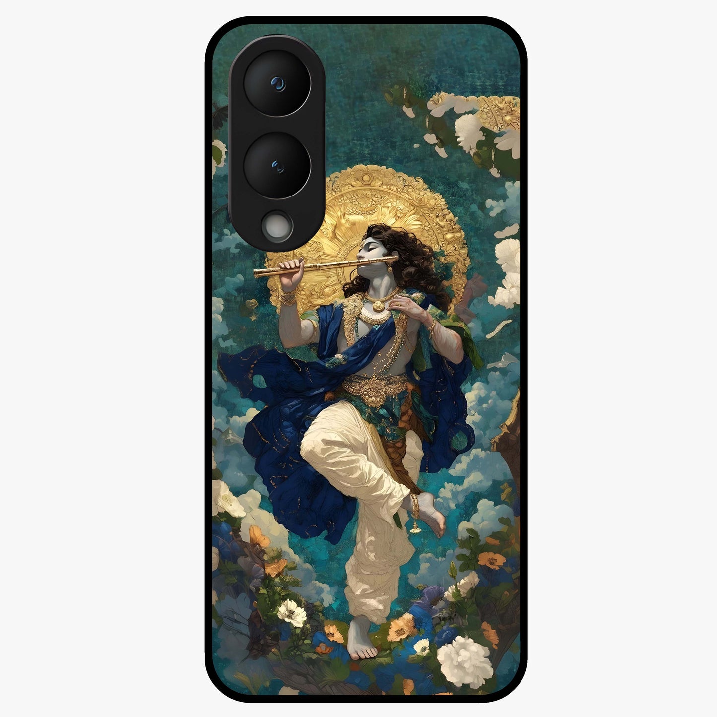 Divine Krishna Art Glass Case showing flat back view with Lord Krishna artwork and glossy glass finish.