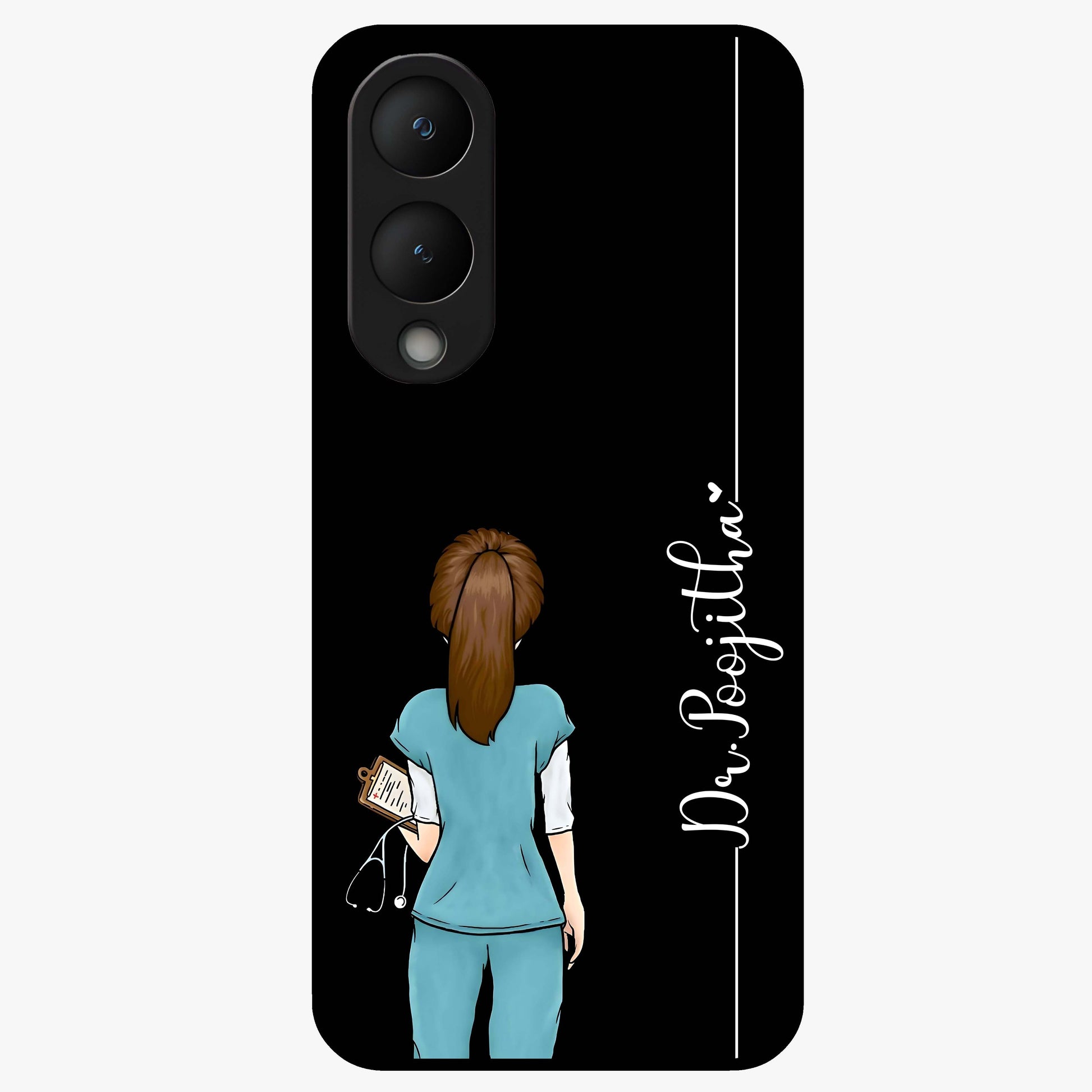 Doctor Pattern Custom Name Glass Case showing flat back view with medical themed pattern and personalized name design.