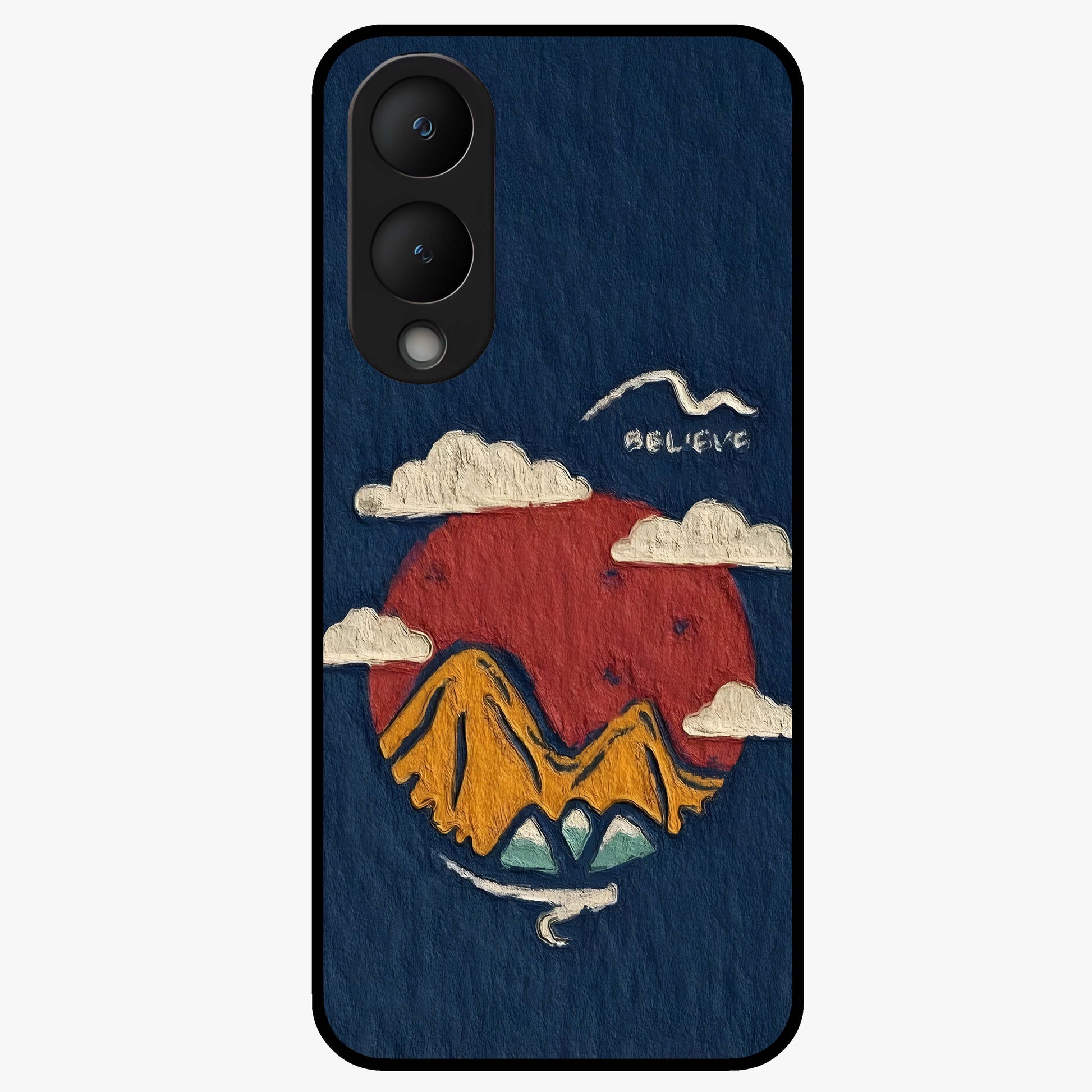 Dream Beyond Mountains Glass Case showing flat back view with scenic mountain landscape artwork and glossy glass finish.