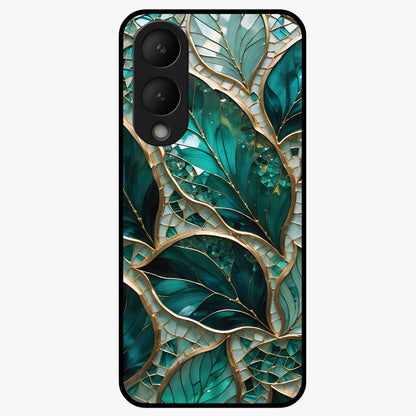 Emerald Leaf Glass Glass Case showing flat back view with emerald green leaf artwork and glossy glass finish.