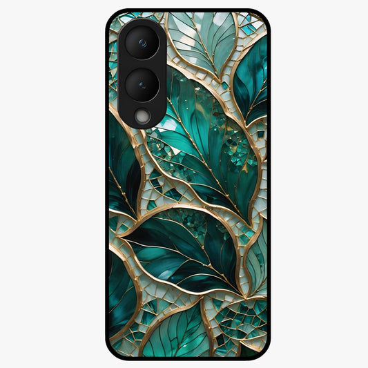 Emerald Leaf Glass Glass Case showing flat back view with emerald green leaf artwork and glossy glass finish.