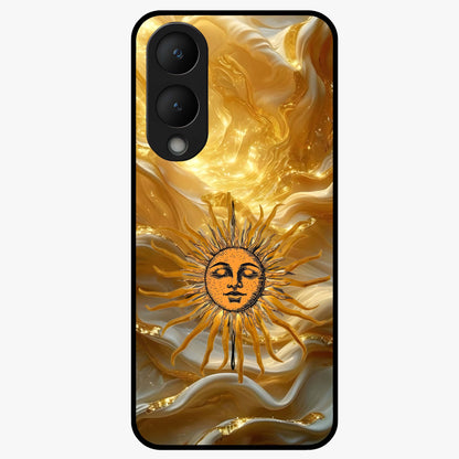 Eternal Golden Glow Glass Case showing flat back view with radiant golden themed artwork and glossy glass finish.