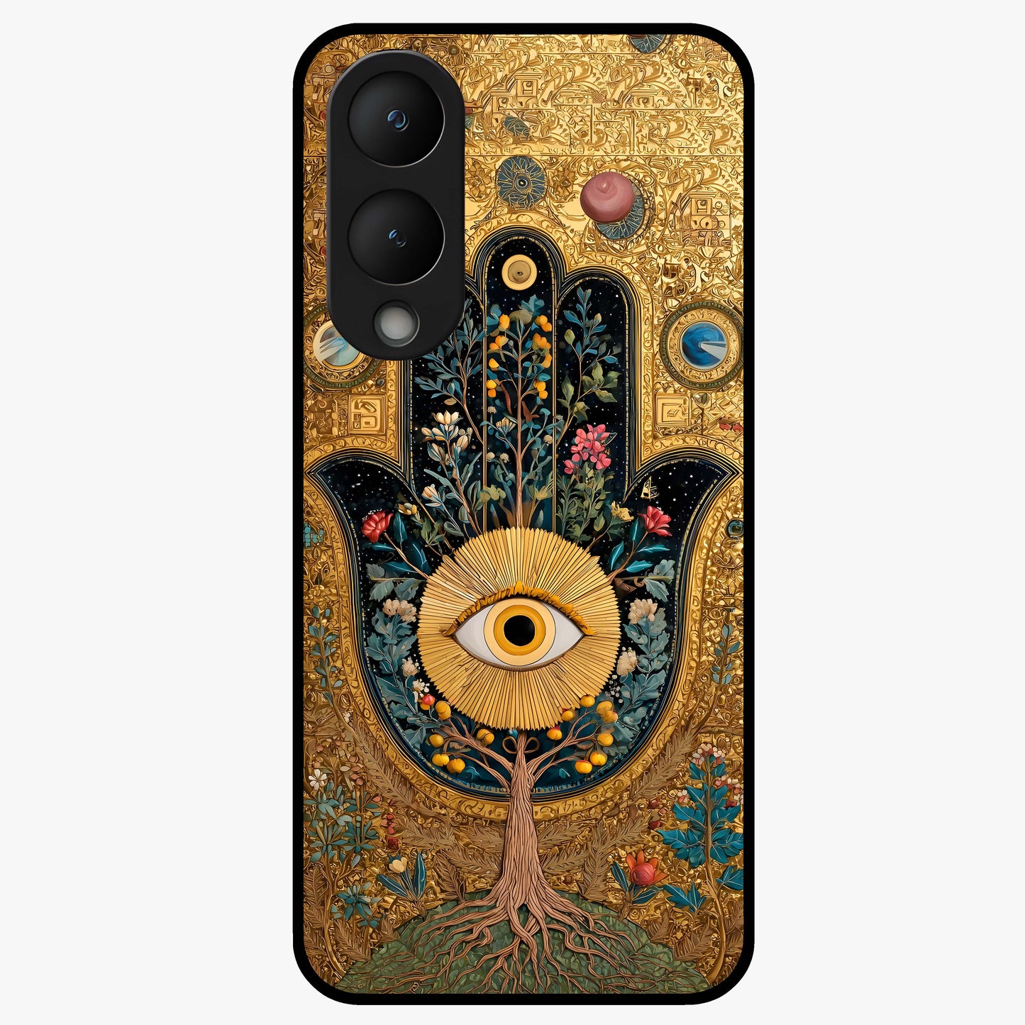 Ethereal Evil Eye Glass Case showing flat back view with mystical evil eye artwork and glossy glass finish.