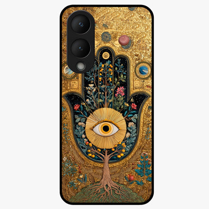 Ethereal Evil Eye Glass Case showing flat back view with mystical evil eye artwork and glossy glass finish.