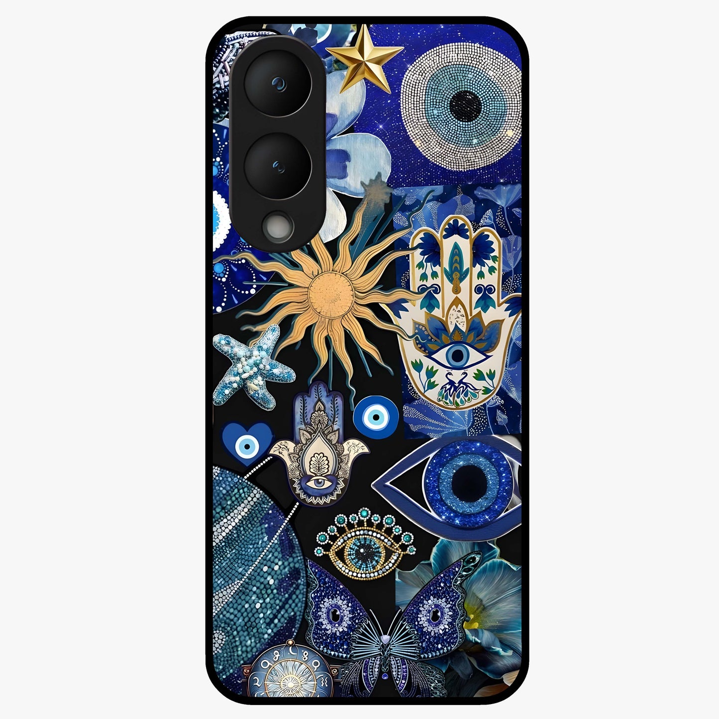 Evil Eye Charm Mix Glass Case showing flat back view with multiple evil eye charms artwork and glossy glass finish.